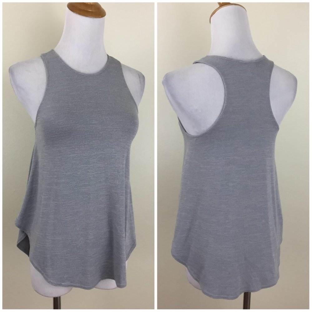 WILFRED Aritzia Heather Gray/Beige High Neck Racerback Rounded Hem Soft Top